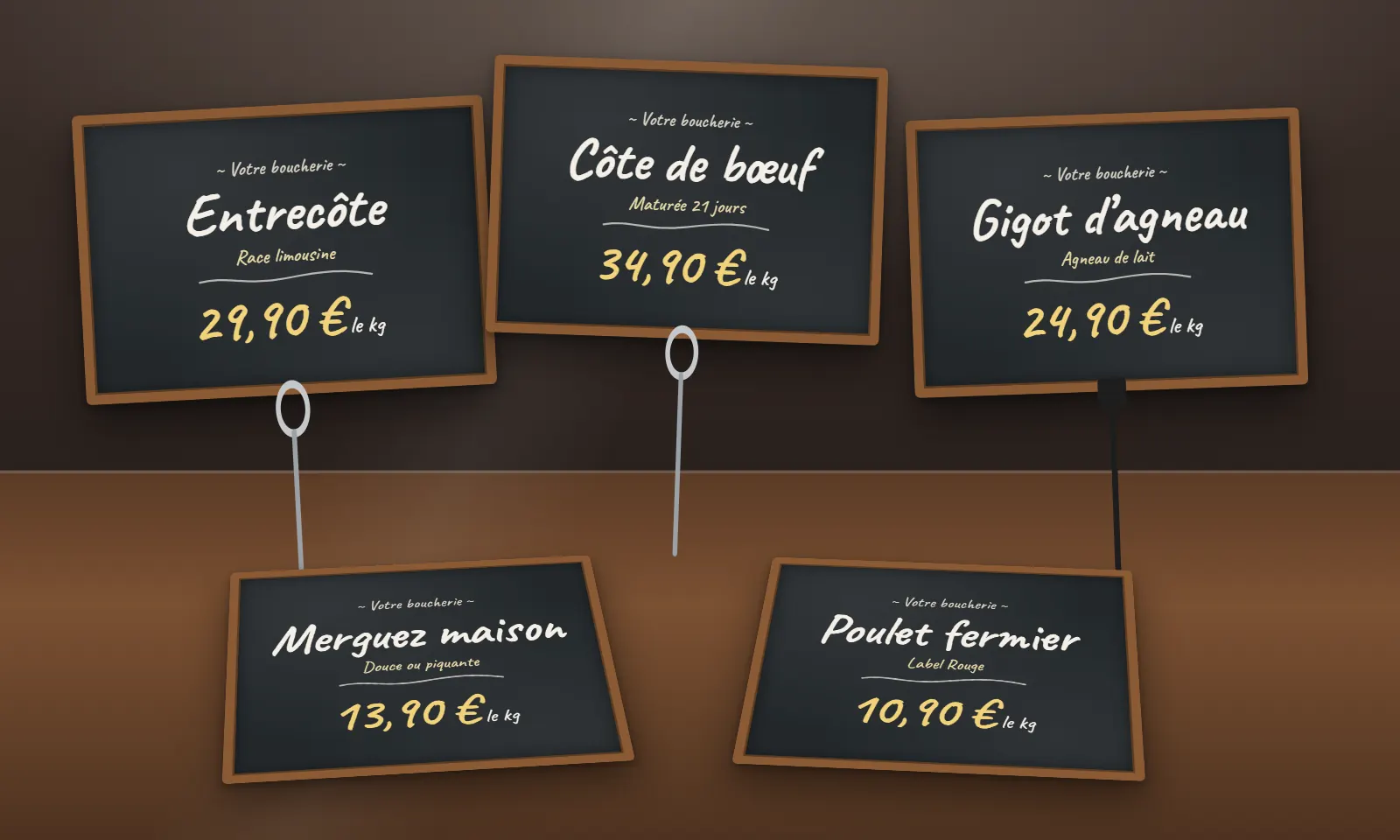Étiquettes de boucherie style ardoise à la craie sur porte-étiquettes anneau inox : entrecôte, côte de bœuf, gigot d’agneau, merguez et poulet fermier