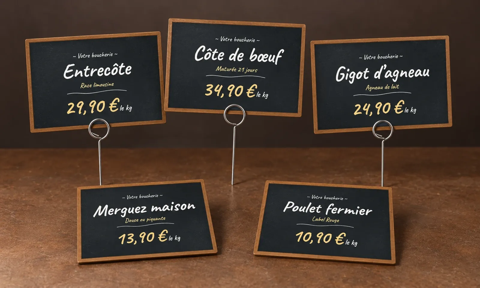 Tableaux de boucherie professionnels 29 Étiquettes de boucherie style ardoise à la craie sur porte-étiquettes anneau inox : entrecôte, côte de bœuf, gigot d’agneau, merguez et poulet fermier