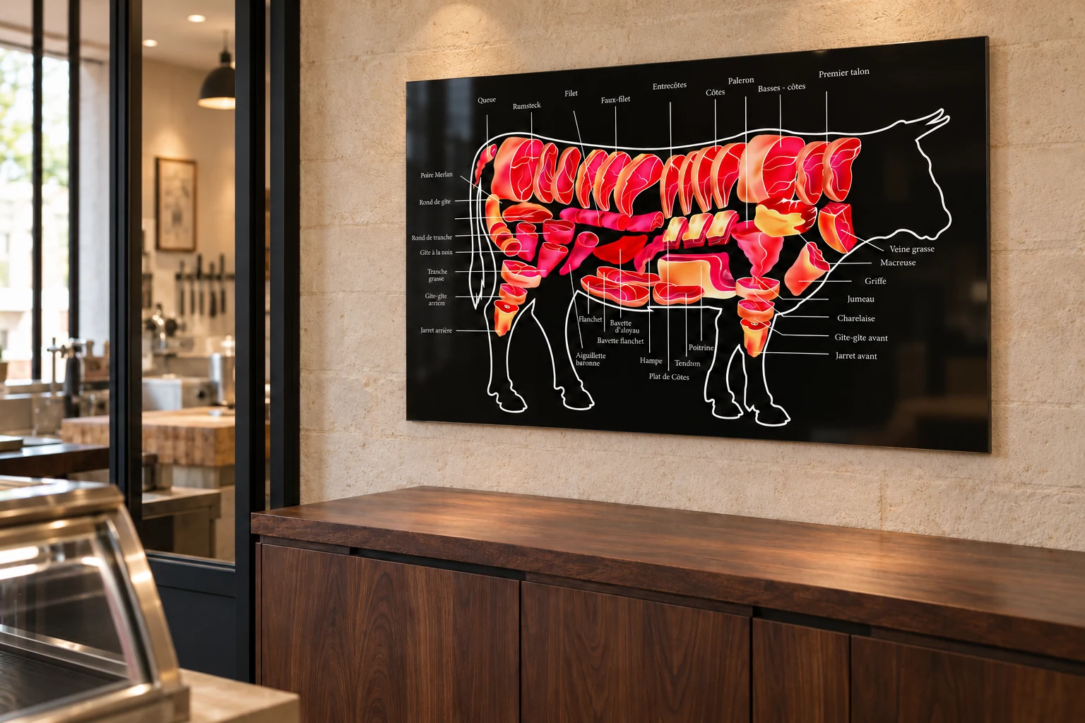 Tableau anatomie du bœuf sur fond noir, présenté en perspective dans une boucherie