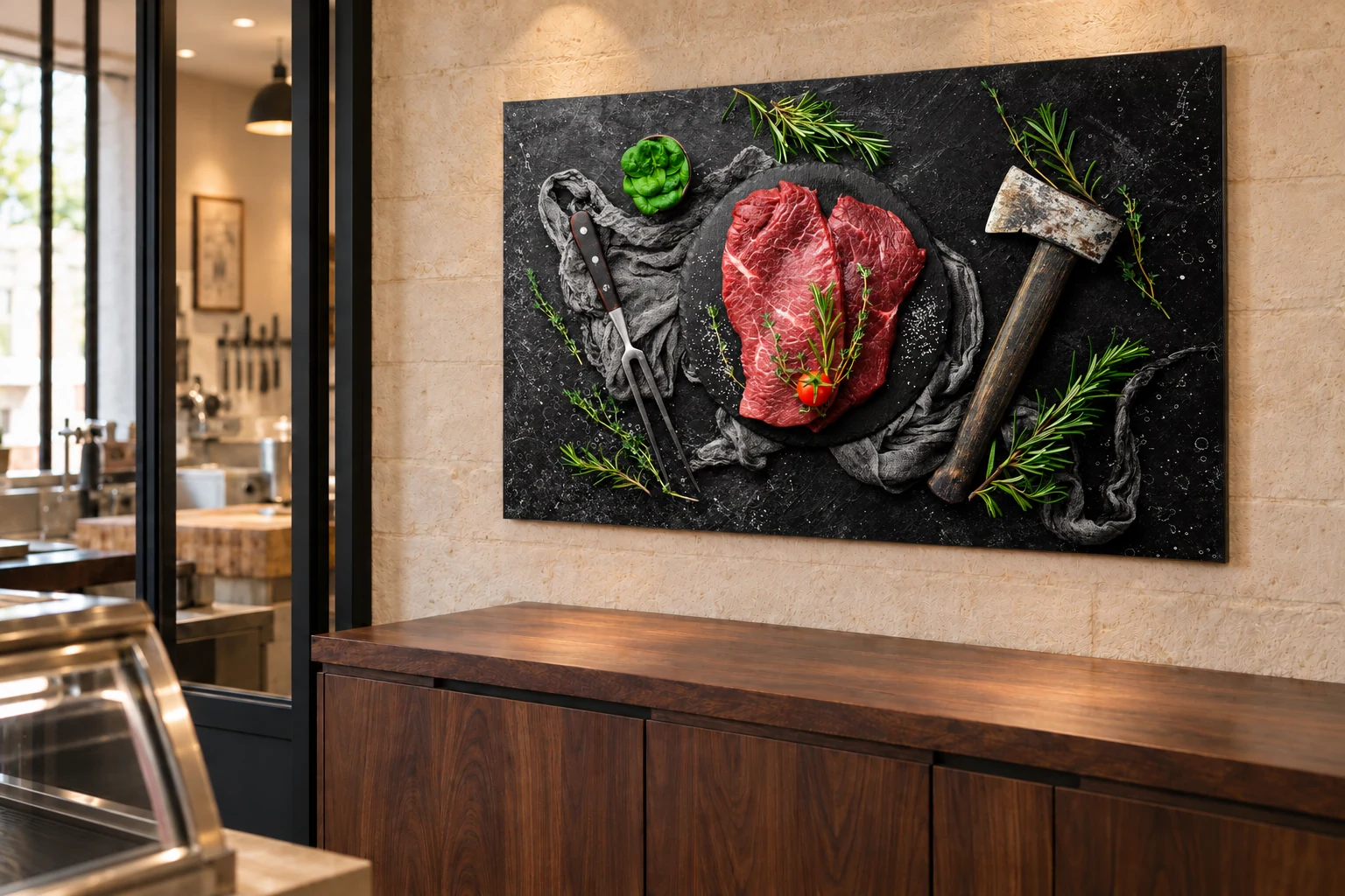 Tableau de viande de bœuf sur ardoise avec aromates et outils, présenté en perspective dans une boucherie