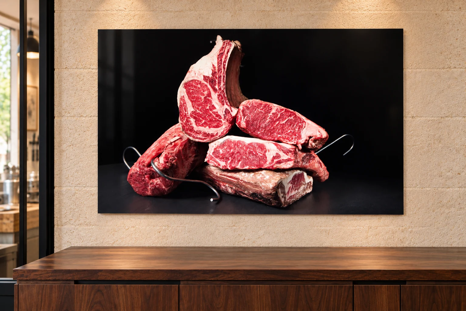Tableau de pièces de bœuf maturé sur fond noir, vu de face sur un mur de boucherie