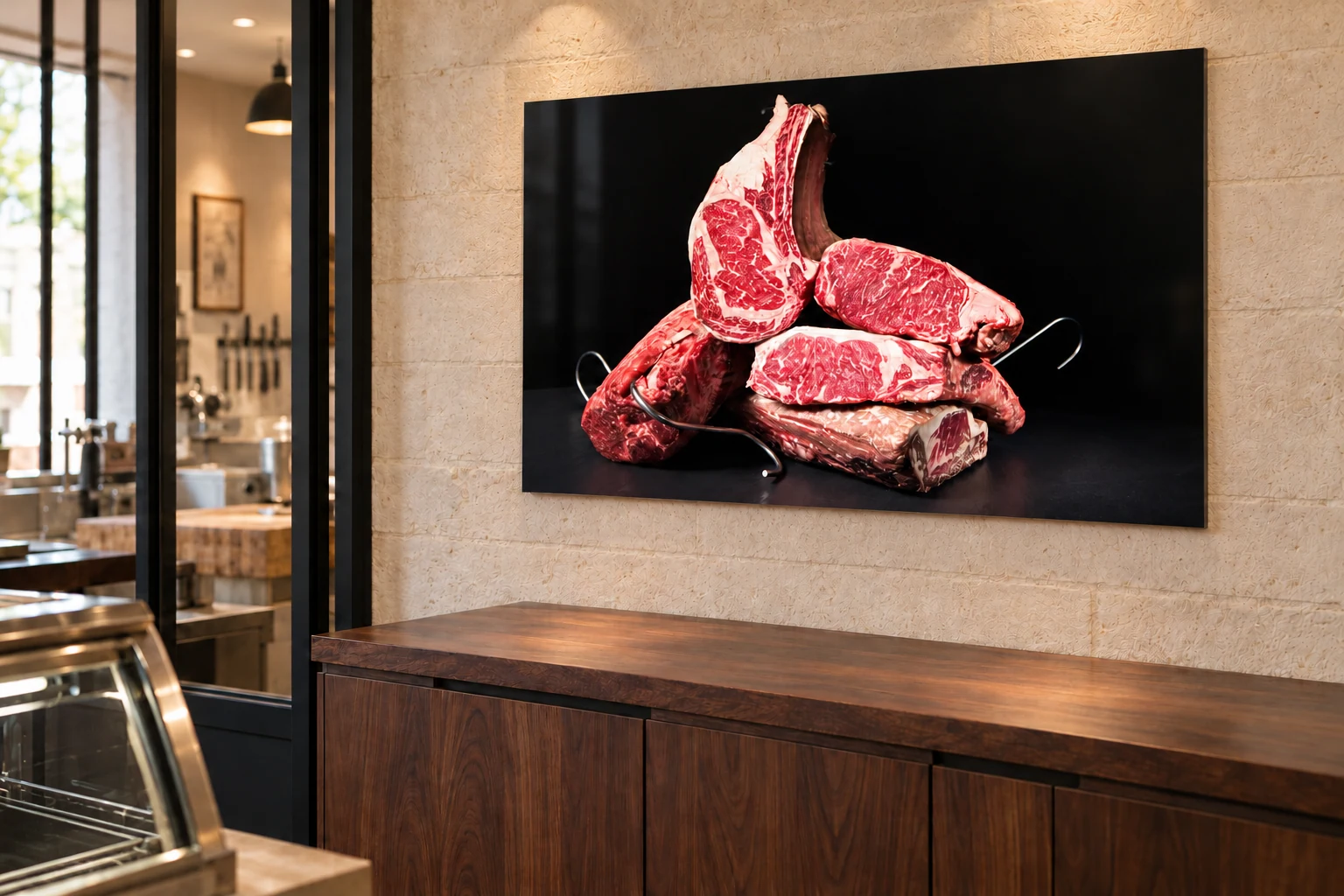 Tableau de pièces de bœuf maturé sur fond noir, présenté en perspective dans une boucherie