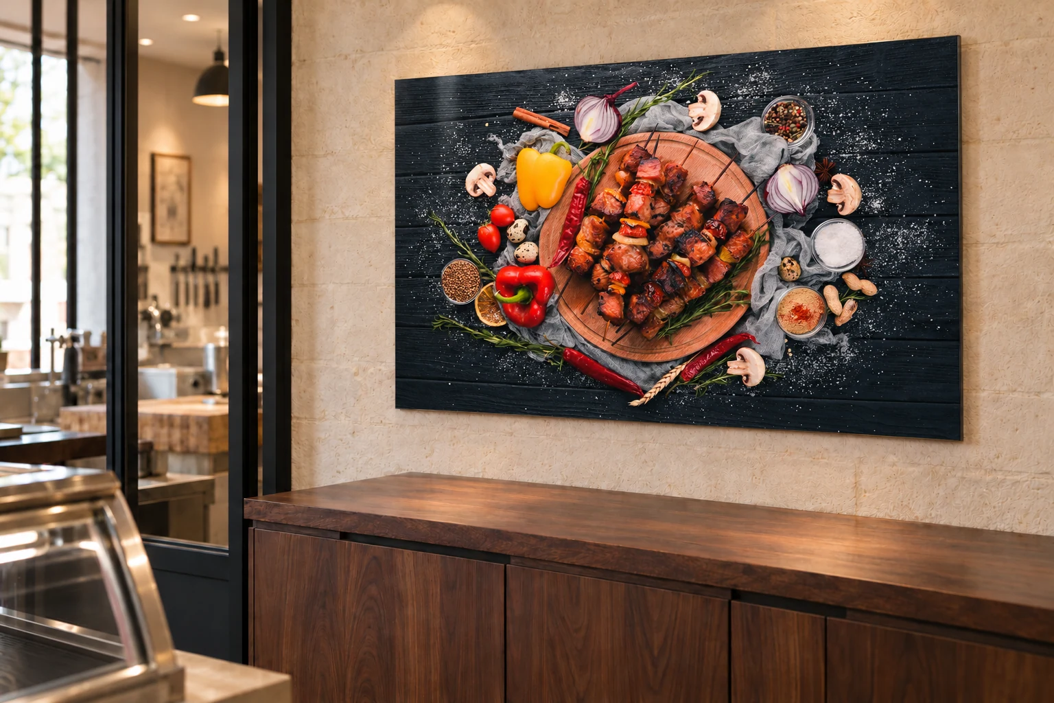 Tableau de brochettes grillées avec légumes et épices sur une planche, présenté en perspective dans une boucherie