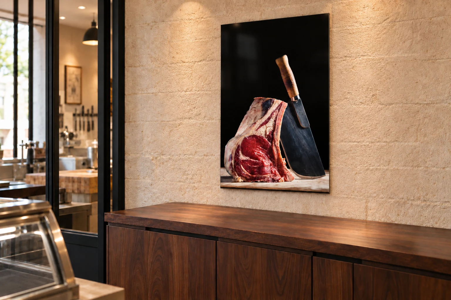 Tableau vertical avec côte de bœuf et couperet sur fond noir, présenté en perspective dans une boucherie