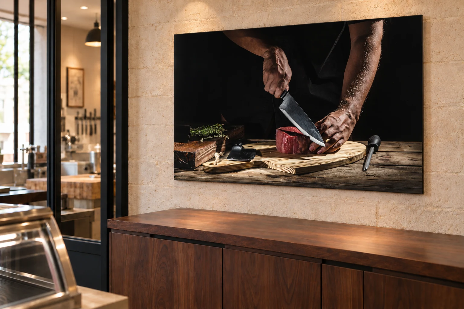 Tableau représentant les mains d’un boucher découpant une pièce de viande, présenté en perspective dans une boucherie