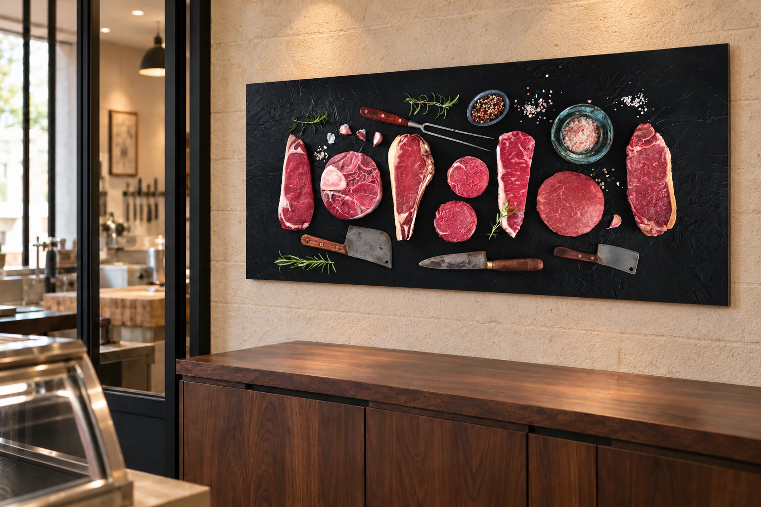 Tableau panoramique de morceaux de bœuf avec herbes et outils sur ardoise, présenté en perspective dans une boucherie