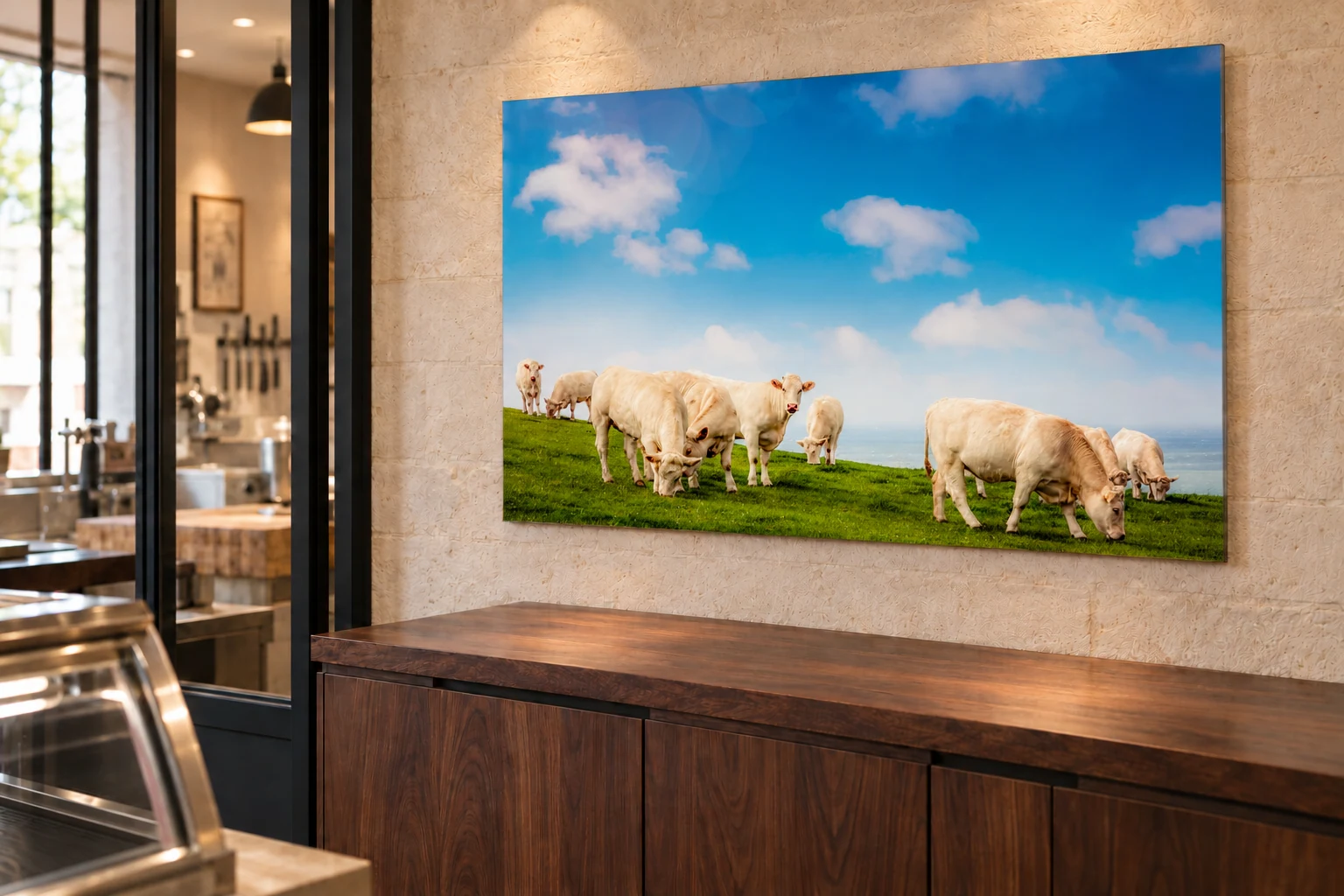 Tableau de vaches charolaises dans une prairie sous un ciel bleu, présenté en perspective dans une boucherie