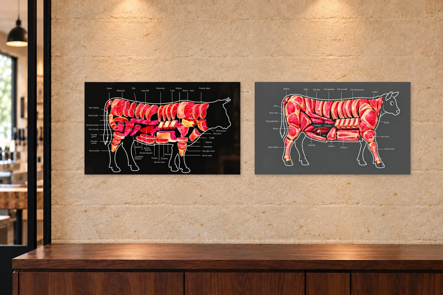 Tableaux de boucherie professionnels 7 Lot de deux tableaux, anatomie du bœuf et anatomie du veau, côte à côte sur un mur de boucherie (simulation).