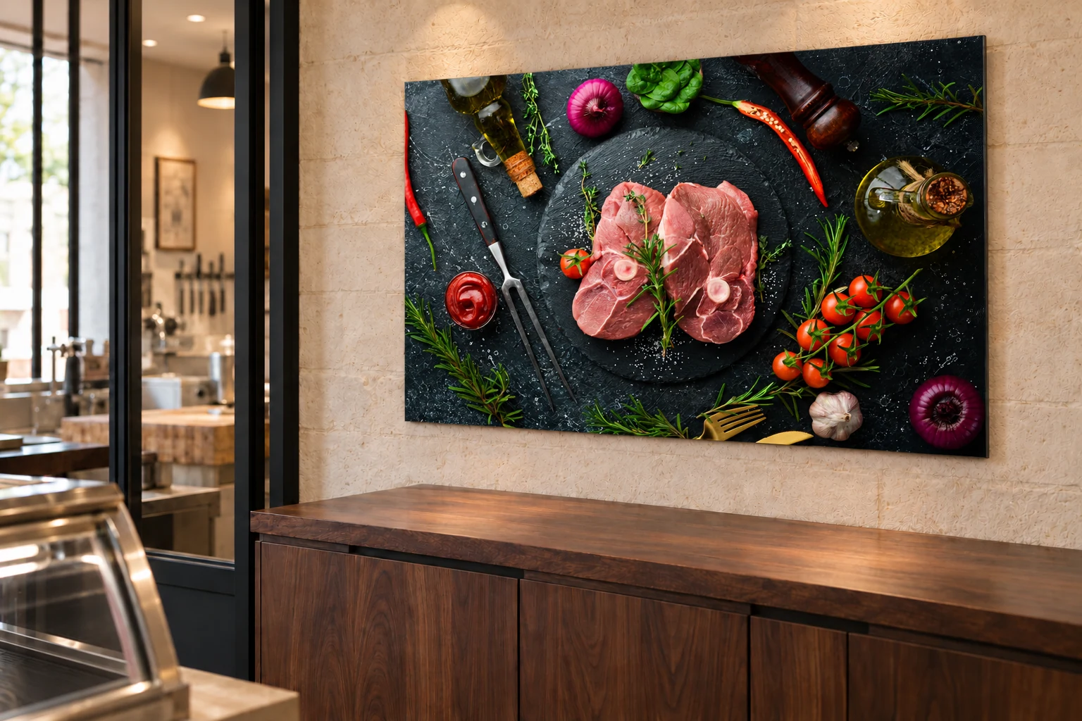 Tableau avec deux tranches de gigot sur ardoise, tomates et aromates, présenté en perspective dans une boucherie