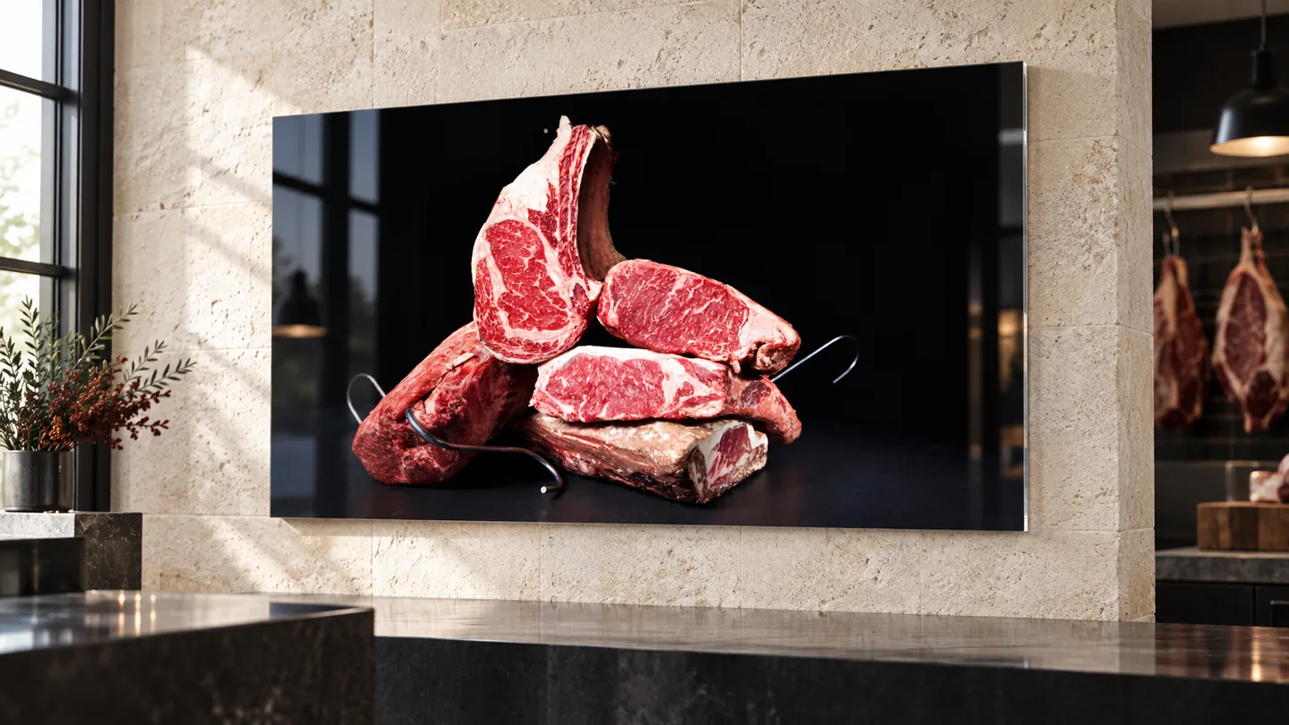Projection d’ambiance d’un tableau Plexiglass Pièces de bœuf maturé dans une boucherie