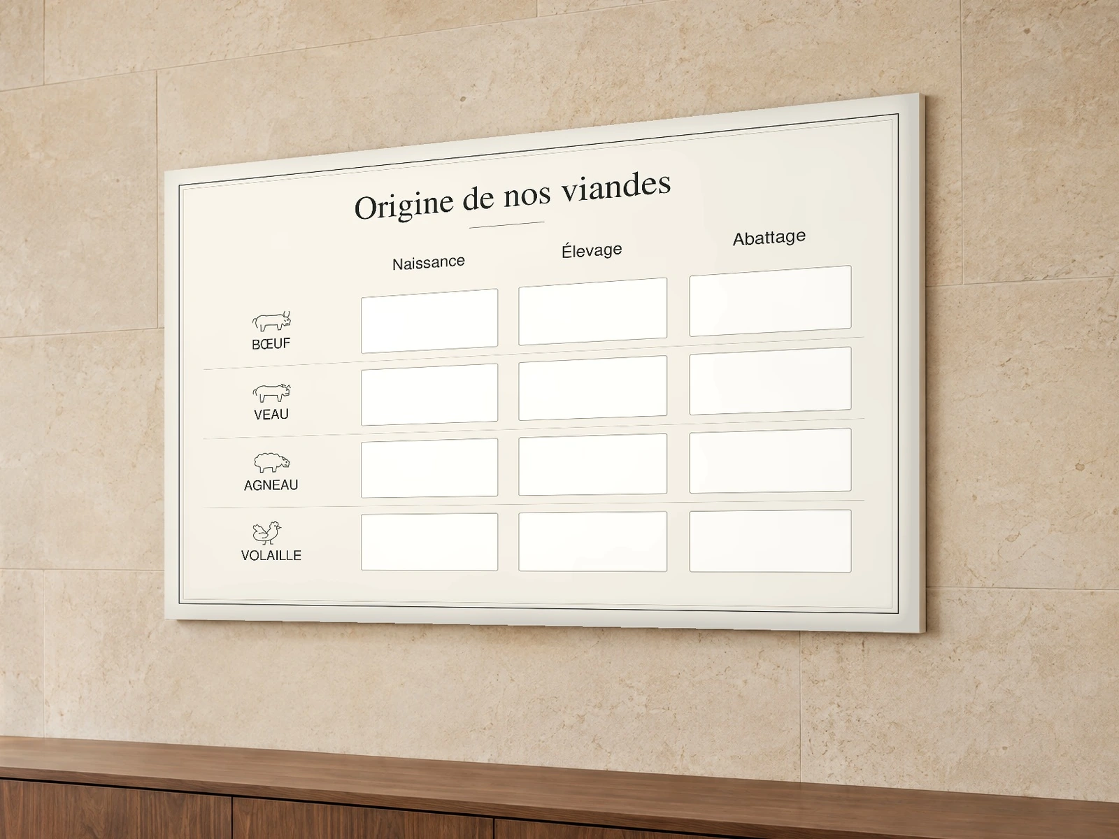 Panneau origine des viandes — sans porc ; vue en perspective dans une boutique.