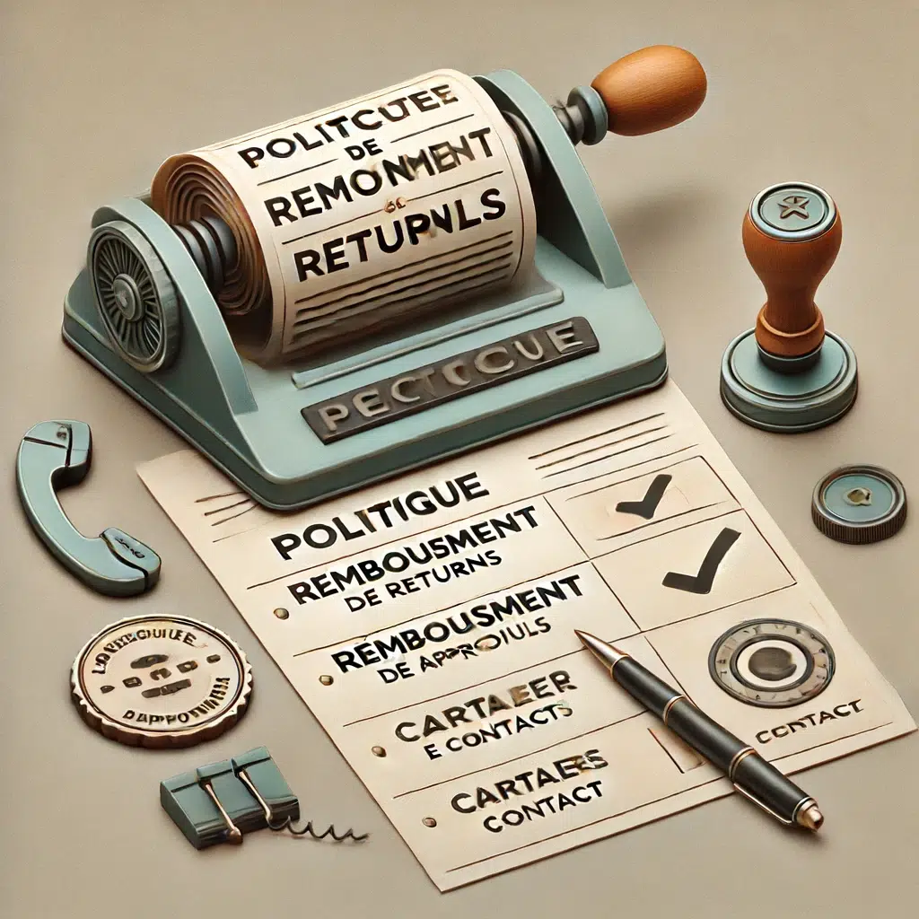 Image illustrant la politique de remboursements et de retours pour un site de décoration de boucherie, avec un presse-papiers, un tampon "Remboursement Approuvé", un téléphone et une icône de courrier électronique.