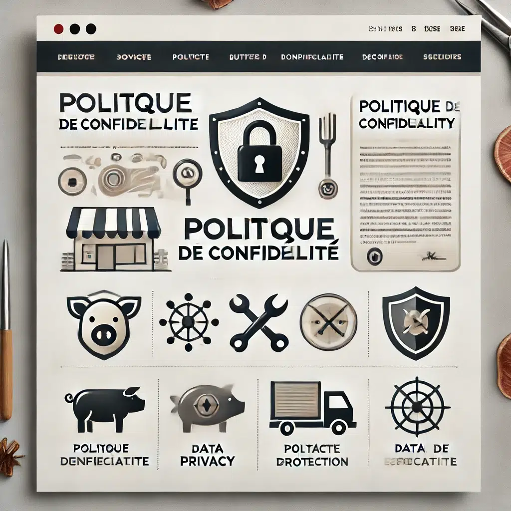 Politique de Confidentialité 1 Image illustrant la politique de confidentialité pour un site de décoration de boucherie, avec des icônes de cadenas, de bouclier, et de protection des données, et le texte "Politique de Confidentialité".