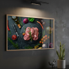 Tableau gigot gourmand pour décoration de boucherie, image de viande et légumes
