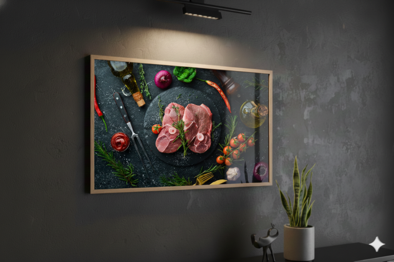 Accueil - Tableau boucherie - Décoration Boucherie 8 Tableau gigot gourmand pour décoration de boucherie, image de viande et légumes