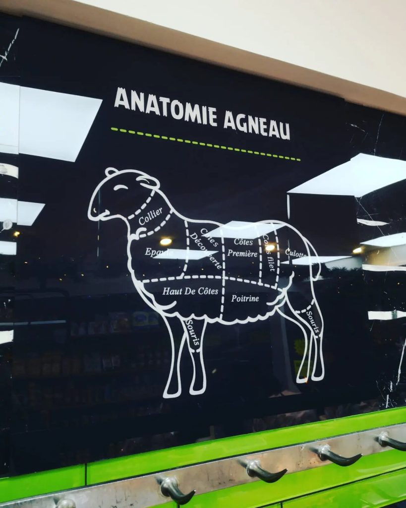 Tableaux de boucherie professionnels 3 Tableau anatomie agneau installé dans une boucherie