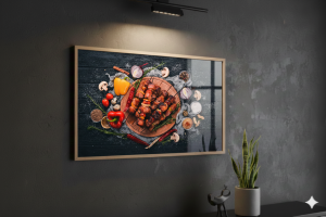 Tableau décoration boucherie brochettes de viande avec légumes et épices