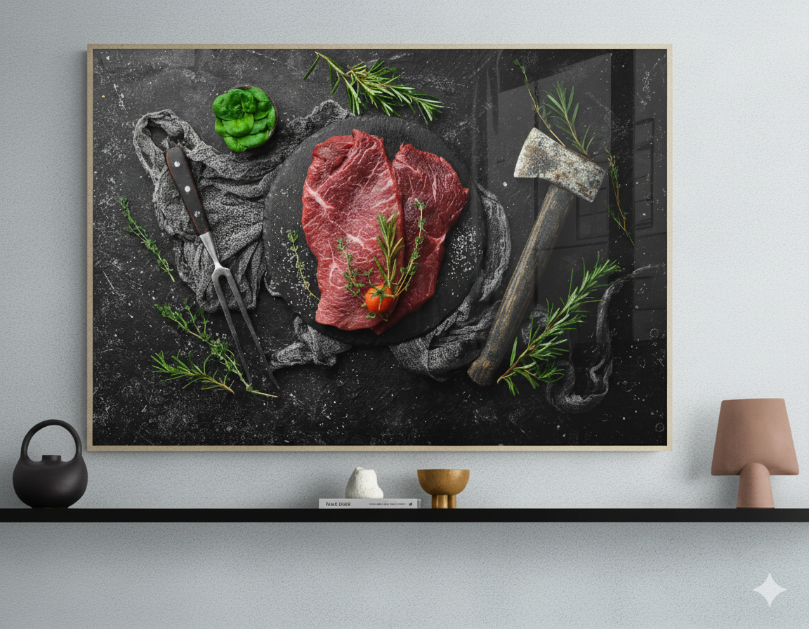 tableau-decoration-boucherie-viande-sur-ardoise.jpg Tableau décoration boucherie – viande rouge sur ardoise avec herbes et couteau