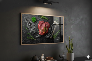 Tableau de décoration boucherie avec deux morceau de viande sur une ardoise noir