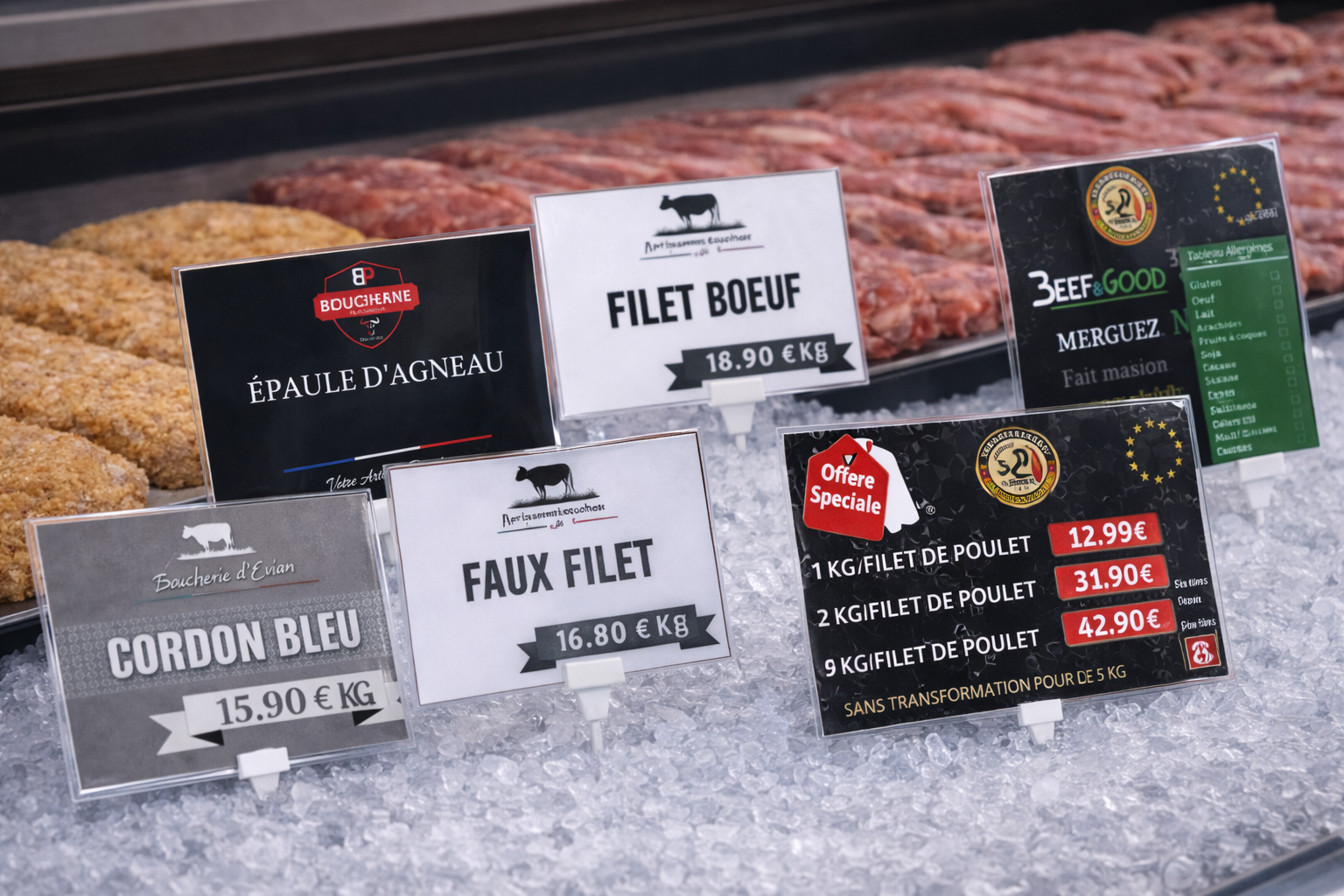 Étiquettes boucherie lisibles et propres en vitrine : nom + prix/kg