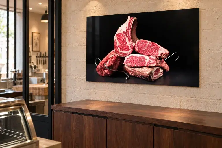 Mise en situation illustrative d’un tableau de pièces de bœuf sur le mur d’une boucherie.