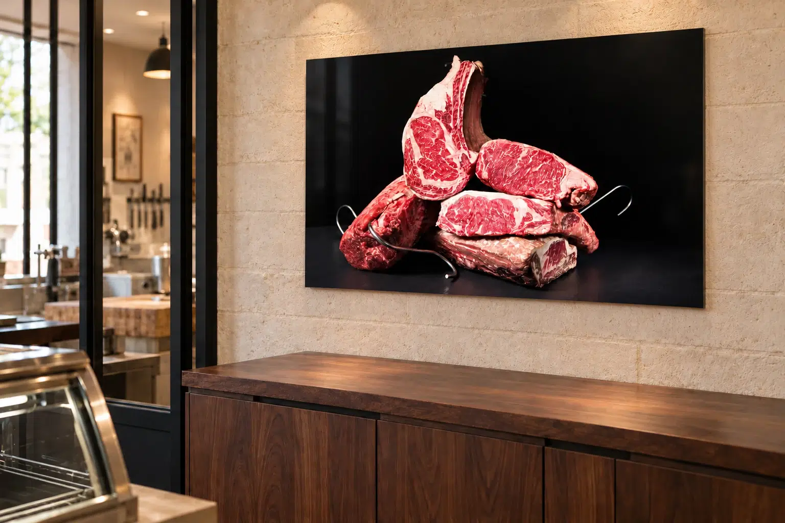 Mise en situation illustrative de tableaux et de supports visuels dans une boucherie
