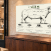 Tableau culinaire Agneau — 60 × 40 cm — Plexiglas — vue en perspective. Mise en situation sur un mur en pierre claire.