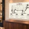 Tableau culinaire Bœuf — 60 × 40 cm — Plexiglas — vue en perspective Tableau culinaire Bœuf — 60 × 40 cm — Plexiglas — vue en perspective. Mise en situation sur un mur en pierre claire.