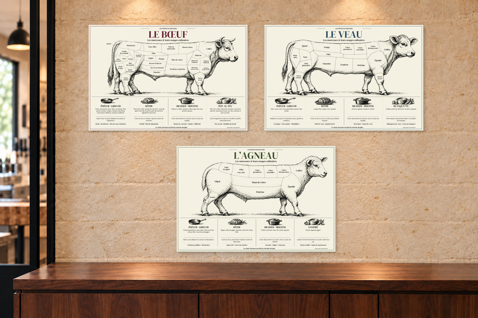 Lot culinaire Trio Bœuf, Veau et Agneau — 60 × 40 cm par tableau — Plexiglas — vue de l’ensemble. Mise en situation sur un mur en pierre claire.