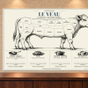 Tableau culinaire Veau — 60 × 40 cm — Plexiglas — vue de face. Mise en situation sur un mur en pierre claire.