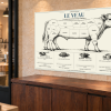Tableau culinaire Veau — 60 × 40 cm — Plexiglas — vue en perspective Tableau culinaire Veau — 60 × 40 cm — Plexiglas — vue en perspective. Mise en situation sur un mur en pierre claire.