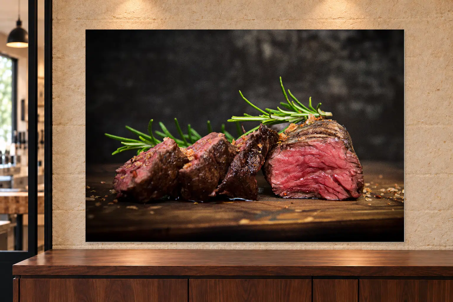 Rôti de bœuf au romarin — 90 × 60 cm — Plexiglas — Vue de face. Mise en situation indicative.