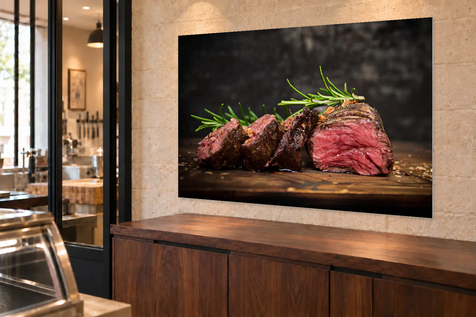 Rôti de bœuf au romarin — 90 × 60 cm — Plexiglas, vue en perspective. Mise en situation indicative.