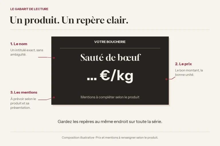Gabarit illustratif d’étiquette : désignation, prix par kilo et mentions à compléter selon le produit